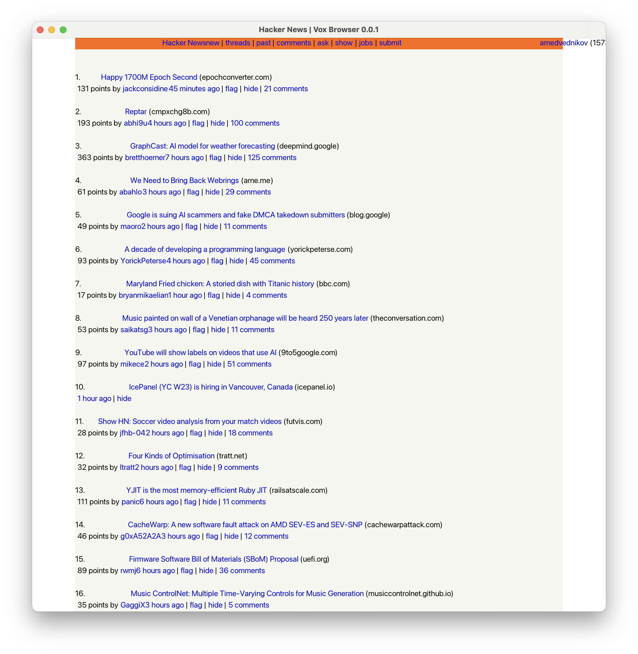 Vox browser displaying Hacker News